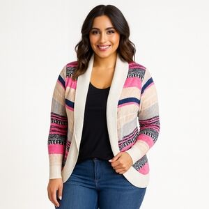 Debut Women’s Open Front Cardigan Sweater Pink Multicolor Knit Aztec Pattern